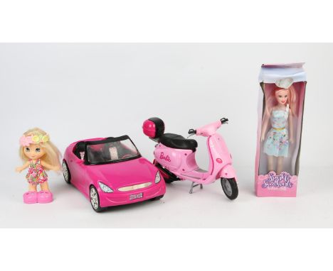A large quantity of modern doll related merchandise including, Mattel Barbie car, Off the Hook doll, boxed, Frozen Northern L