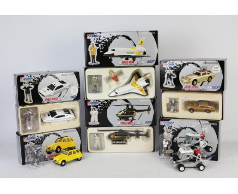 Eight Corgi Classics 1/43 scale, James Bond Collection, die cast vehicles including;  Aston Martin DB5, Moon Buggy (x2), Lotu