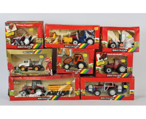 Seventeen Britains agricultural and farm models including; No 9511 Helicopter crop spray, 9513 Sanderson, 9575New Holland Com