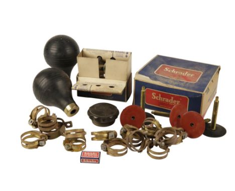 A QUANTITY OF NEW-OLD STOCK VINTAGE BRASS HOSE CLIPS Schrader tyres valves, a Luzerne 642 radiator cap, two large horn bulbs