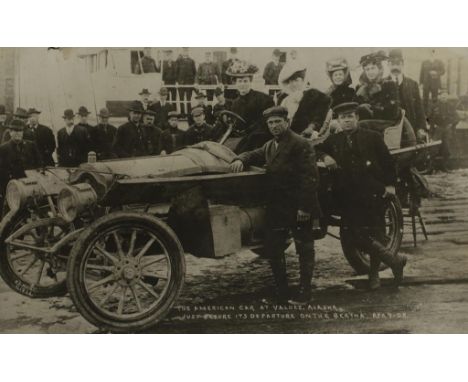 A SET OF EIGHT BLACK AND WHITE REPRODUCTION PHOTOGRAPHS of a vintage Thomas Flyer car, including the winner of the 1908 New Y