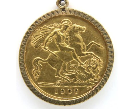 1908 half sovereign of Edward VII, mounted in 9ct gold, gross 4.7g. P&amp;P Group 1 (£14+VAT for the first lot and £1+VAT for