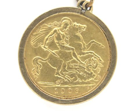 1906 half sovereign of Edward VII, mounted in 9ct gold, gross 5.0g. P&amp;P Group 1 (£14+VAT for the first lot and £1+VAT for