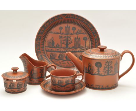 Scottie Wilson for Royal Worcester: a tea service decorated with black tree of life, bird and fish design, comprising: teapot