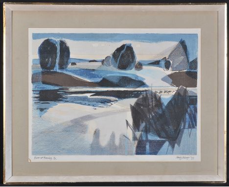 Henry Holzer"River at Evening",signed, inscribed and dated '58; with inscription on a gallery label verso,colour lithograph n