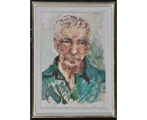 In the manor of John Minton "Portrait of a Man in Green Shirt",signed and dated 1958, oil on board, 46 x 31cms; 18 x 12in.DRO