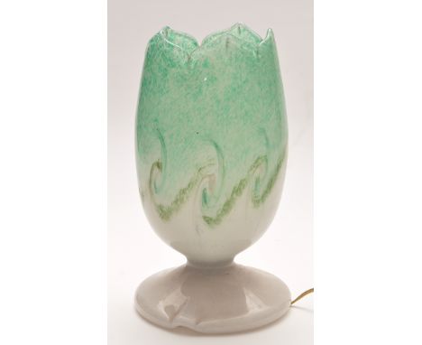 Vasart: a glass table lamp, mottled green and white swirl decoration, 26cms (10 1/4in.) high.