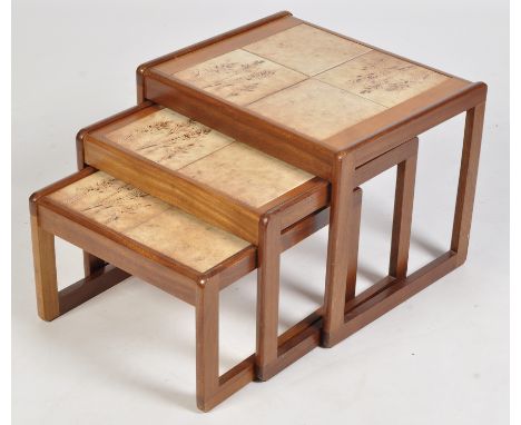 Sunelm: a nest of three teak and ceramic tile top tables, the largest 54 x 45 x 43cms high.