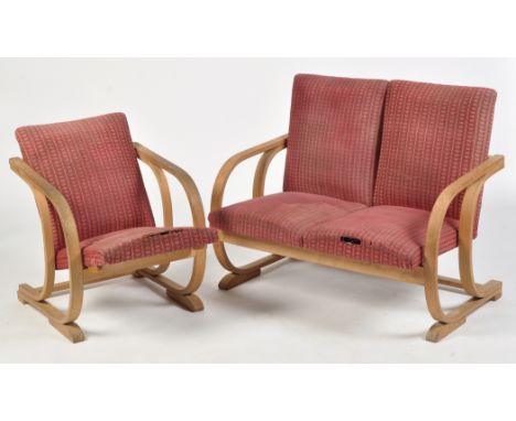 An Art Deco two-seat settee and matching chair, in beech wood with upholstered back and seats, the settee 99cms wide.