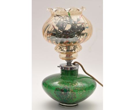 A mid 20th Century mottled green and yellow vase, the later chromed metal light fitting mount with clear shade, 39cms high.