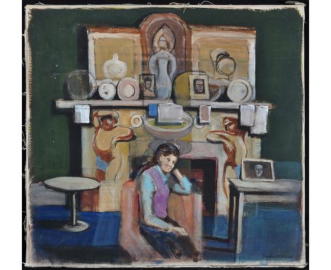 Fred AtkinsonInterior scene with figure sitting in front of a mantelpiece,signed,oil on canvas,76 x 81cms; 30 x 31 3/4in., un