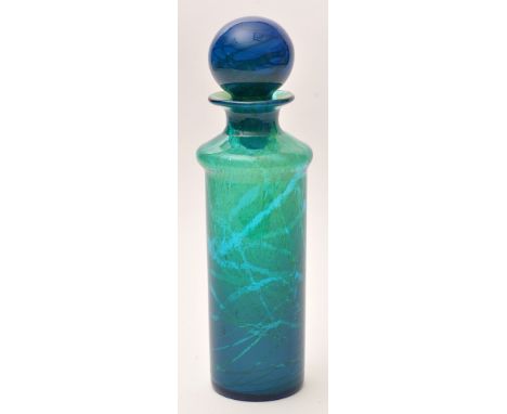 Mdina: a tall green and blue decanter, ball-shaped stopper, signed, 29cms (11 1/2in.).