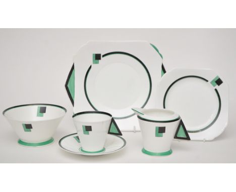 Shelley: 'Vogue' green block pattern Art Deco part tea service, comprising: cream, sugar, two cups, six saucers, six side pla