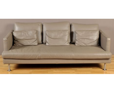 BoConcept: a grey leather three-seater sofa, the loose back, arm and seat cushions raised on brushed steel feet, 202 x 90cms 