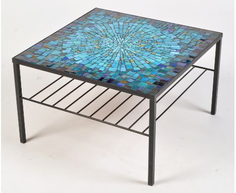 An aqua blue ceramic mosaic top table, on black metal base, 62 x 62 x 38cms high.