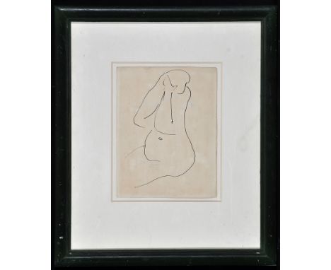 Roger Hilton"Seated Nude with hand to head" (with another drawing verso),with inscription on a gallery label verso,pen,22.7 x