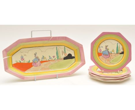 Clarice Cliff: a sandwich set, 'Bizarre' range, the plates with marks 'A.J. Wilkinson Ltd., Royal Staffordshire Pottery: Hone