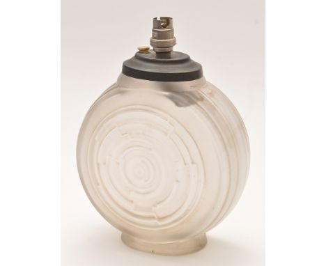 A. Hunebelle: an Art Deco frosted glass lamp base, circular with geometrical design, 17cms (6 3/4in.) to glass rim.
