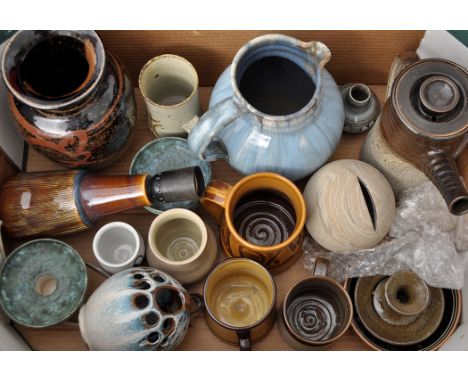 A selection of Studio pottery, including: a Danish lamp, stamped 'Soholm B306, Denmark'; a stoneware mug, marked 'Tollow'; a 