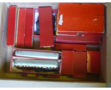 Playworn Trix locomotives and rolling stock including L.M.S. 4-4-0 1168, Diesel Flyer, Train Whistle Set and Colour Light Sig