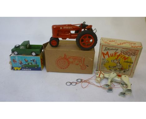 Muffin the Mule Junior, die cast string puppet by Moko, 6" long, boxed, Farnell tractor, boxed, and Roxy TV truck, boxed (3) 