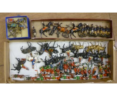 Various Britains metal lifeguards, Johillco Scottish Infantry, other mounted figures, and mountain artillery pieces, three fa