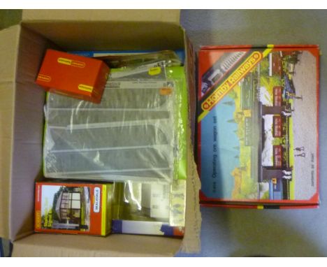Hornby trackside accessories including Hopper wagon set, signal box, line side hut and Bachmann house, all items boxed, G-E (