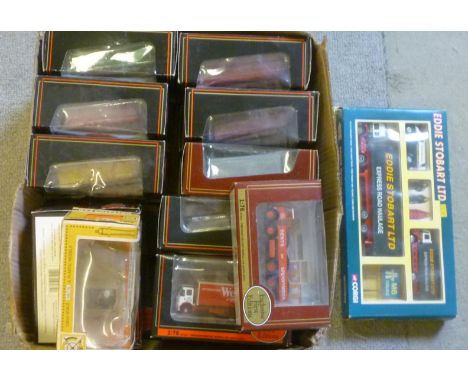 Twenty two E.F.E. bus and commercial models, a Corgi Eddie Stobart Set, and Britains 9784 8th Army Scout car, all boxed, G-E 