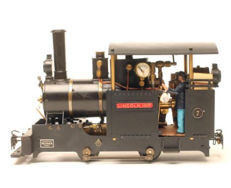 Twin cylinder live steam 0-4-0 Logging locomotive, possibly Accucraft, finished in black with Lincoln Imp to cab, gas fired, 