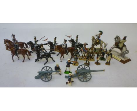 Del Prado Napoleonic figures, ten mounted, four foot, no boxes, G, seven unmarked mounted figures, G, British Bulldog gun tea