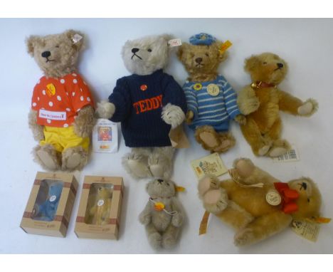 Six Steiff Replica bears, with hanging labels, ear buttons and labels, and two Steiff miniature Replicas, boxed (8) (Est. plu