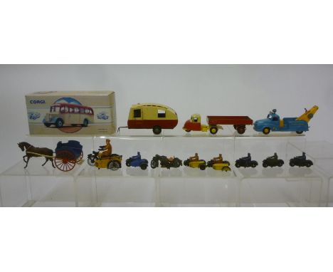 Three Dinky AA/RAC motorcyclists, five other motorcyclists, Budgie Scammell Scarab Semi-Trailer, Budgie Towing Tender and Bre