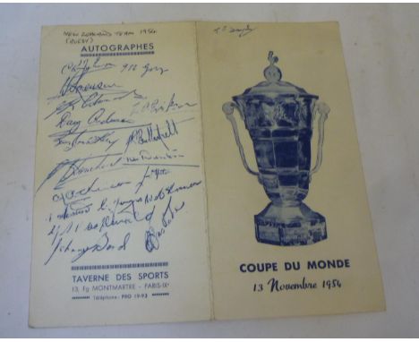 A rare 1954 (First) Rugby World Cup dinner menu, autographed by all members of the New Zealand Team, Paris, dated 13 November