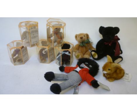 Five small Merrythought Replica bears in plastic packs with limited edition certificate, 6" high, two larger Merrythought Rep