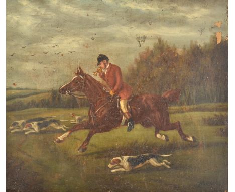 J HOWARD 
Fox Hunting, finding the fox
Oil on canvas
Signed and dated 1890
Inscribed to the back 
41 x 47.5cm
Together with a