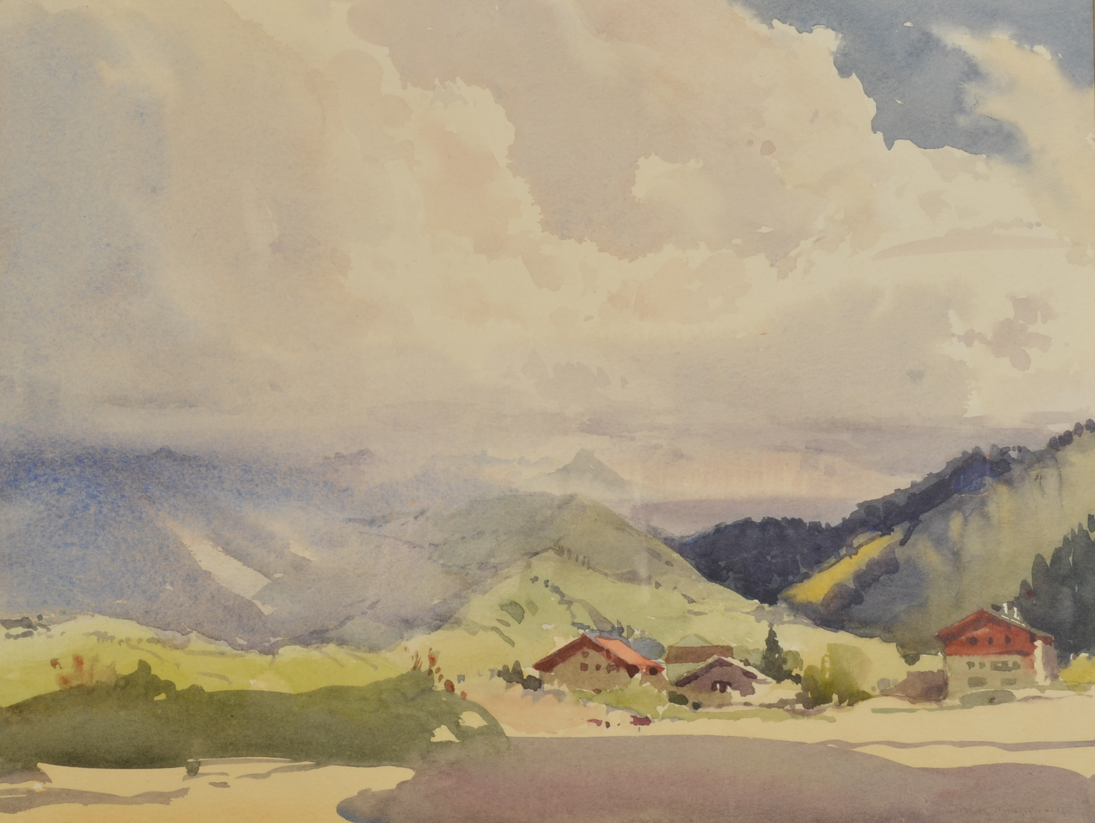 JACK MERRIOTT Storm Clouds Over the TyrolKitzbühel Watercolour Signed Label to back 27 x 35.