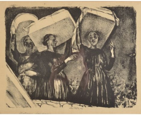 JOHN COPLEY
Chattering Laundresses 
Lithograph
Signed and inscribed
Inscribed and dated 1927 to the back 
Sight size 30 x 38c