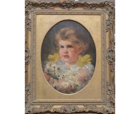 A portrait of a young girl holding daisies 
Oval oil on canvas
41 x 30cm