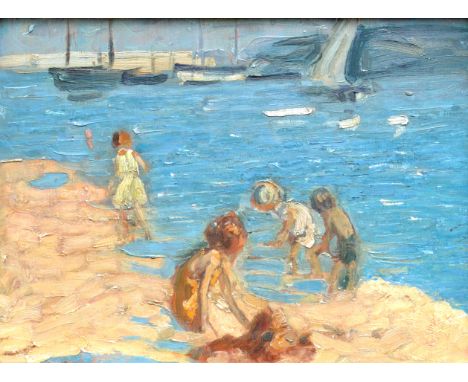 DOROTHEA SHARP
Children playing in the harbour at low tide
Oil on panel 
An oil study of a garden urn to the reverse
28.5 x 3