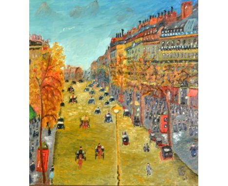 R G ? Street scene Oil on board Signed and dated '63 38 x 35cm'
 
