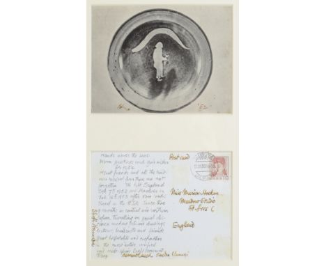 BERNARD LEACH 
Pilgrim Dish
A signed post card addressed to Marian Hockin

