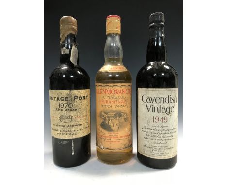 Glenmorangie 10 Years Old Highland Scotch Whisky, one bottle, metal screw cap; Borges 1970 vintage port, one bottle (level in