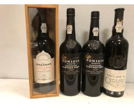 Four vintage ports. Fonseca Guimarens 1987 and 1996, Taylor's 1995 and Graham's Malvedos 1996 (4)  