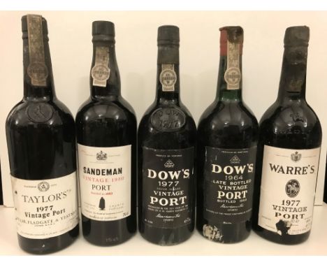 Vintage Port. Taylor's 1977, Dow's 1977, Warre's 1977 (top shoulder), Sandeman 1980 and Dow's LBV 1964 (very top shoulder) (t