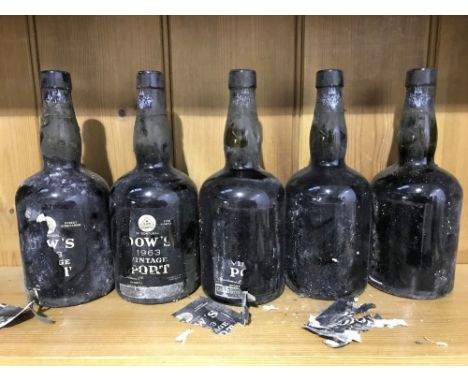 Dow's 1963 vintage port, Danish bottled (Carl Jacobsen), labels perished, most levels in neck, 5 bottles  