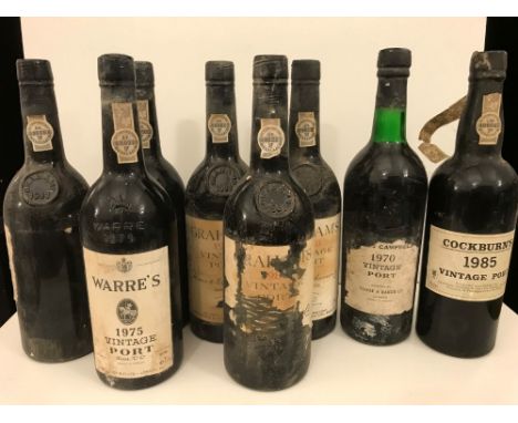 Vintage Port. Graham's 1983, 4 bottles (damaged labels); Warre's 1975, 2 bottles; Cockburn's 1985, 1 bottle; and Gould Campbe