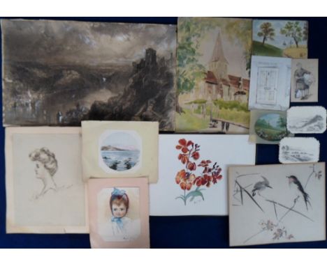 Ephemera, a selection of 100s of items to include, original watercolours and pencil sketches (loose and in an album), party m