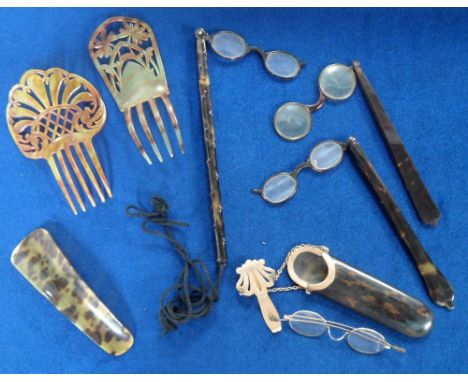 Victorian Lorgnettes, hair combs and a shoe horn, 7 tortoiseshell and faux tortoiseshell items to comprise a pair of glasses 