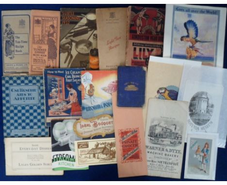 Vintage Food, Drink and Advertising, 35 plus items to include 1857 booklet 'Carving Made Easy', WW2 cardboard milk cap, T.G. 
