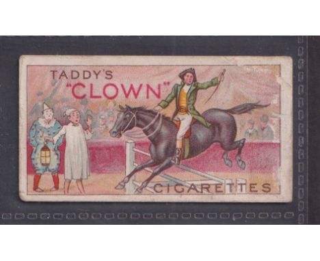 Cigarette card, Taddy, Clown & Circus Artistes, type card, reference book picture 15, Horse Jumping 3 Barred Gate, with Clown